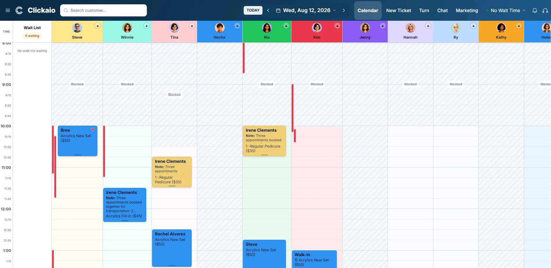 The Clickaio calendar: a day view with a column per technician, appointments laid out against the hours of the day, each block showing the customer and the booked service.