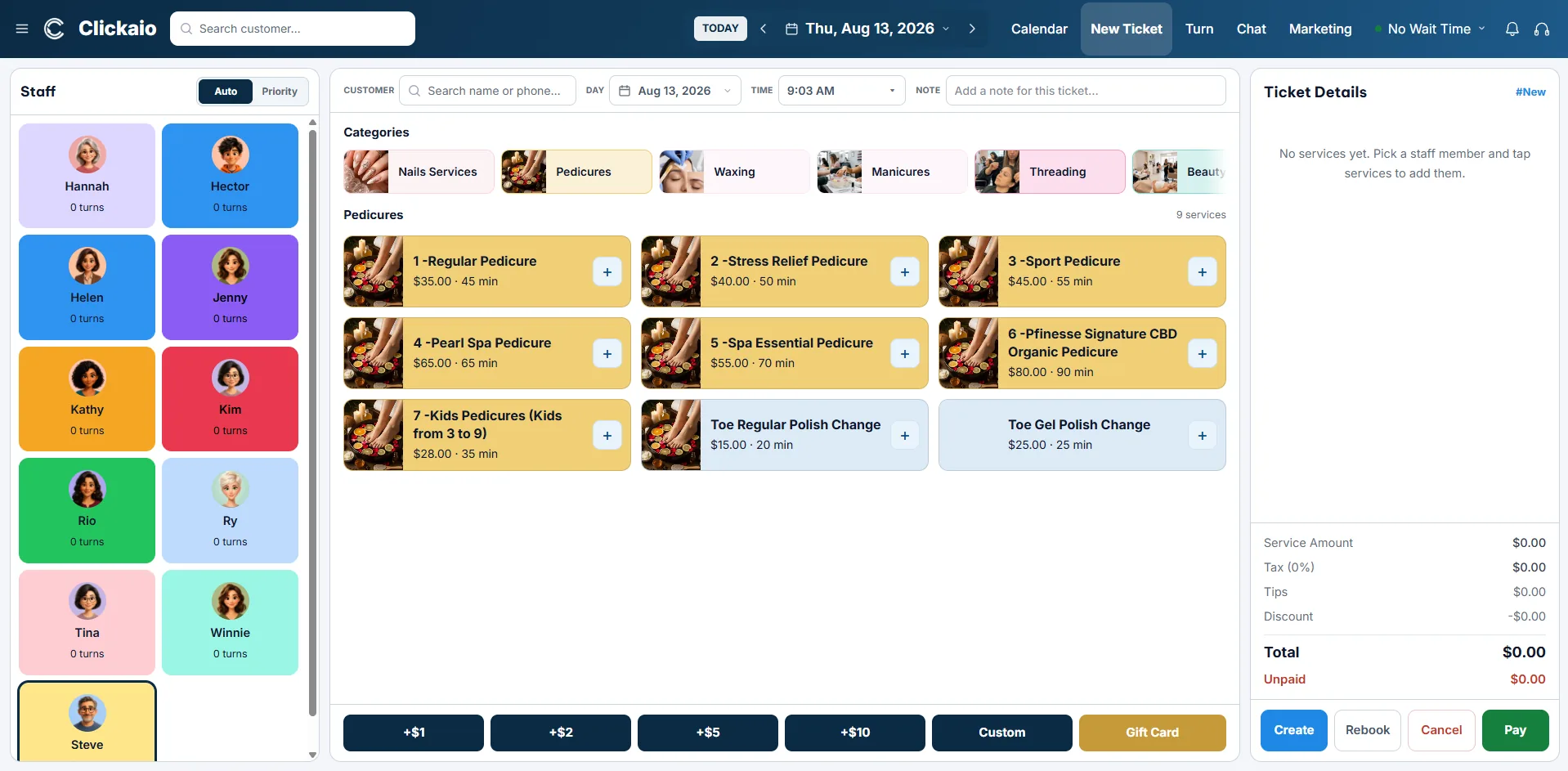 The Clickaio point of sale: an open ticket listing the services on it with prices and the assigned technician, alongside the service menu used to add more and the running total for checkout.